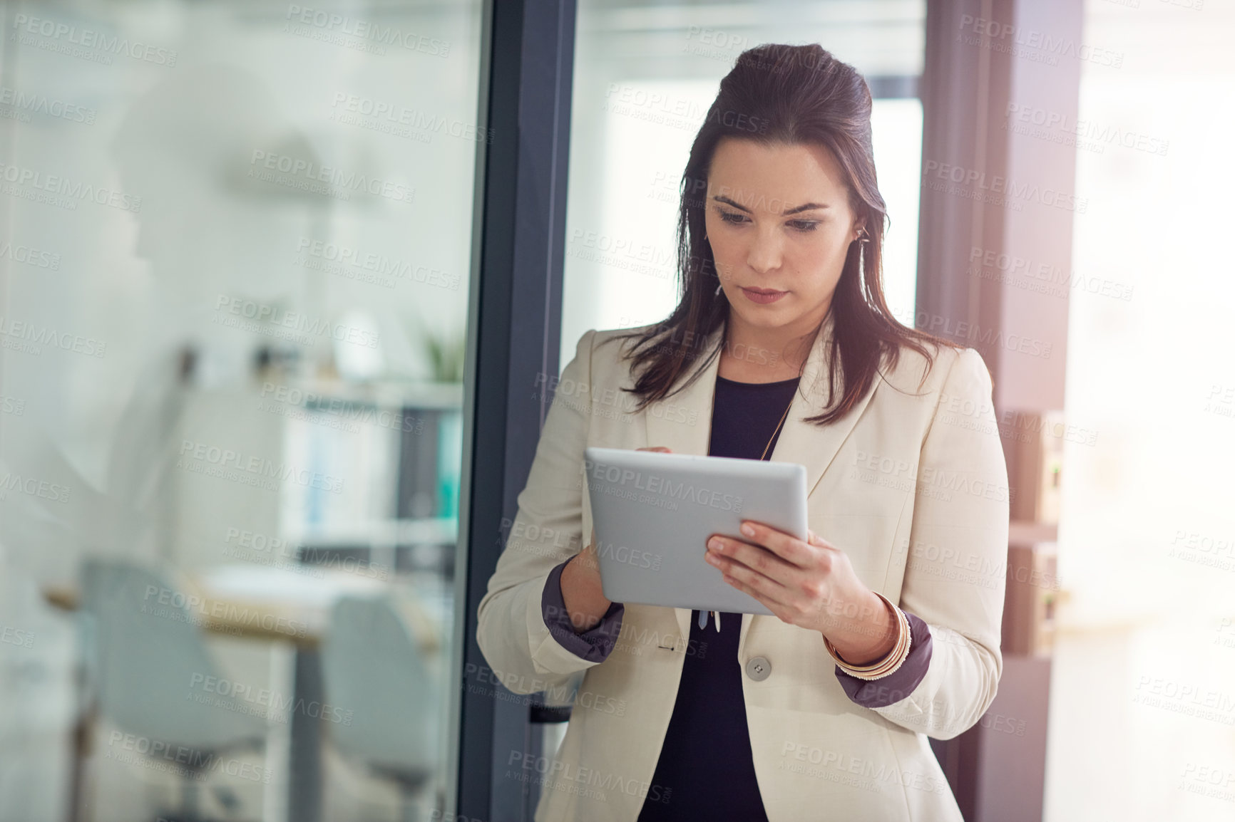 Buy stock photo Business, research and woman with tablet, scroll and planning for investment proposal and corporate. Browsing, online and person with tech for wealth management, employee and info on website or app