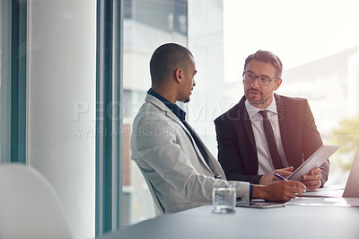 Buy stock photo Business. partner, planning and meeting with tablet for corporate strategy for online marketing. Men in a management discussion or consulting at table using internet for ideas, talking and teamwork