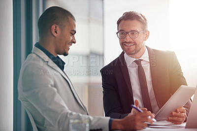 Buy stock photo Business men, planning and tablet while talking about corporate strategy, partnership and idea. Male team in management meeting discussion and online for finance growth, innovation and development