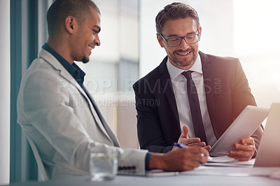 Buy stock photo Business team, tablet and planning online for corporate strategy, partnership or proposal deal. Men together in a management meeting discussion with a internet app for ideas, motivation and feedback