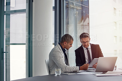 Buy stock photo Tablet, laptop and business men planning in conference room meeting, teamwork and discussion of corporate data. Professional people or partner talking, review or report analysis on digital technology