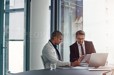 Buy stock photo Business people, planning and tablet for corporate strategy for online marketing and teamwork. Discussion with men in a management meeting with internet app for ideas, finance and innovation