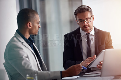 Buy stock photo Business men, manager and tablet for advice, planning and negotiation in meeting, management and corporate discussion. Professional people, partner or boss talking and analysis on digital technology