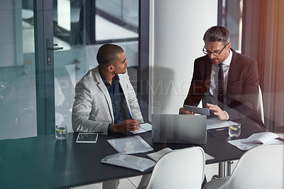 Buy stock photo Planning, tablet and business men meeting, advice and consulting for financial help, discussion or review in office.  Professional people, leader or accountant on tech behind window reflection