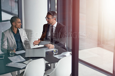 Buy stock photo Advice, tablet and business man with partner at meeting, conference room and window reflection in financial planning. Professional people or accountant on digital tech, talking finance and accounting