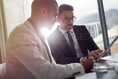 Buy stock photo Business people, meeting and tablet for planning online, corporate strategy or partnership. Corporate men together in a discussion about finance and budget for online marketing ideas in office