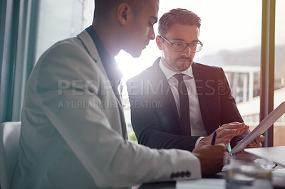 Buy stock photo Collaboration, business people and tablet planning for corporate strategy online in a office. Men together in a meeting discussion as management for digital marketing, proposal or deal opportunity