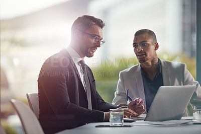 Buy stock photo Planning, laptop and business man with partner meeting, teamwork and discussion for corporate ideas and proposal. Professional people or manager talking, review and report analysis on computer