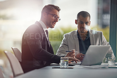 Buy stock photo Business people, laptop and planning while reading email information online with lawyer and client . Men together in meeting discussion with company wifi internet to do research on case for advice