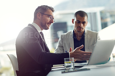 Buy stock photo Business people, laptop and talking about planning online for corporate strategy or partnership. Men together in a meeting discussion while speaking about internet report, email or communication