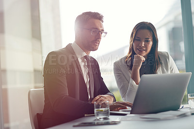 Buy stock photo Thinking, planning and business people on laptop in meeting collaboration, teamwork or discussion of online information. Corporate woman and professional partner reading, talking or ideas on computer