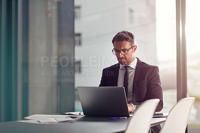 Buy stock photo Business man, corporate office and laptop in online management, career planning and company software. Serious, focus and professional person or worker in conference room typing on computer or website