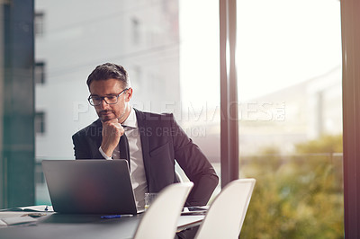 Buy stock photo Laptop, idea and boardroom with a businessman working on research for future company growth. Computer, thinking and innovation with a male employee or manager in his office with review his strategy
