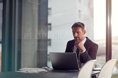 Buy stock photo Business man, computer and thinking, reading and online management with company data analysis or solution in office. Planning, focus and ideas of professional or corporate CEO working on laptop