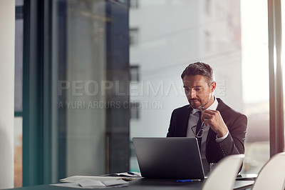 Buy stock photo Laptop, thinking and boardroom with a businessman at work on research for future company growth. Computer, idea and innovation with a male employee or manager in his office with review his strategy