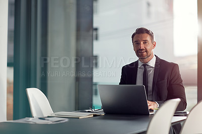 Buy stock photo Laptop, office and working business man in portrait for website, corporate planning and success smile. Schedule, software app and company professional worker, boss or executive on digital technology