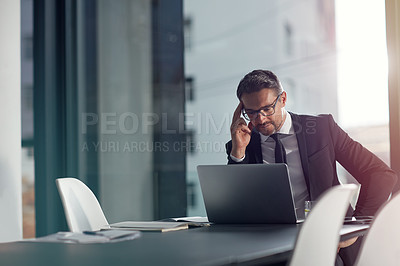 Buy stock photo Laptop, thinking and boardroom with a businessman working on research for future company growth. Computer, idea and innovation with a male employee or manager in his office with review his strategy