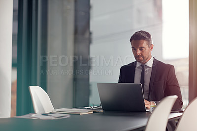 Buy stock photo Laptop. research and business man in office for career planning, project review and company management software. Professional person typing, focus and online analysis on computer in conference room