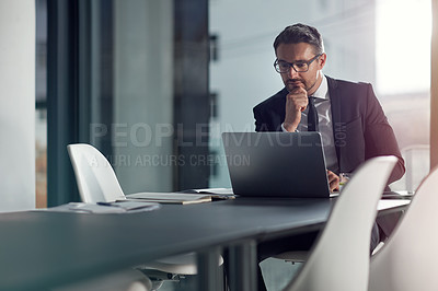 Buy stock photo Business man, computer and thinking, ideas and reading online for decision, choice or solution in review or report. Planning, focus and problem solving of corporate person or ceo on laptop in office
