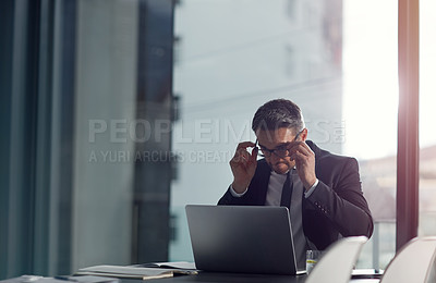 Buy stock photo Computer working, business man and glasses of a corporate worker with lens flare and mockup. Office, web strategy and finance accounting analytics of a ceo with technology and mock up online