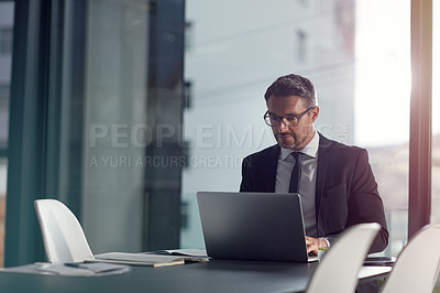 Buy stock photo Computer, working and business man in office or conference room schedule, agenda and management software. Typing, career research and workflow planning of professional or CEO person on laptop