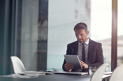 Buy stock photo Tablet, office and business man reading email, working on website and corporate planning. Schedule app, internet and data analytics of a professional worker, boss or executive on digital technology