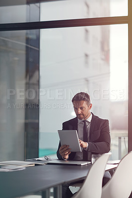 Buy stock photo Tablet, search and business man in office for corporate management, data analytics and financial software app. Typing, scroll and accountant person in conference room working on digital technology