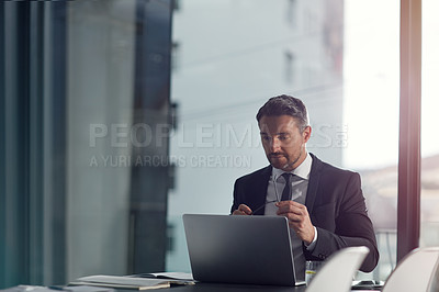 Buy stock photo Laptop, thinking and business man reading email, working on website and corporate planning. Schedule, hand holding glasses and vision of a professional worker, boss or executive on digital technology