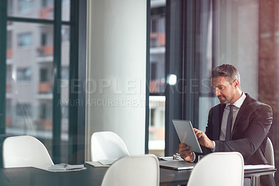Buy stock photo Tablet, typing and business man planning in office, conference room or glass reflection, data analysis and software. Professional person or corporate office CEO search analytics on digital technology