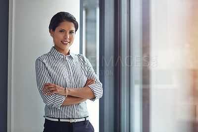 Buy stock photo Business woman, arms crossed and portrait with legal professional and confidence in office. Happy, smile and corporate lawyer with mockup, space and attorney at law firm with company employee pride