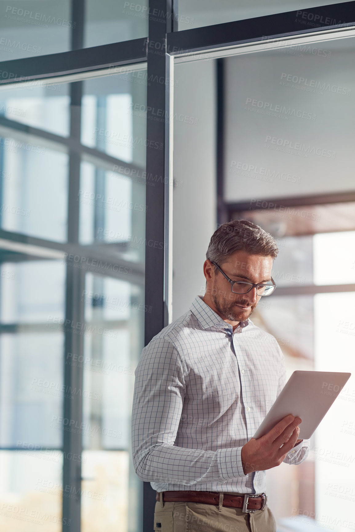 Buy stock photo Mature, tablet and reading with business man in office for account manager, planning or review. Online portfolio advisor, email feedback and digital report with person in finance agency for project