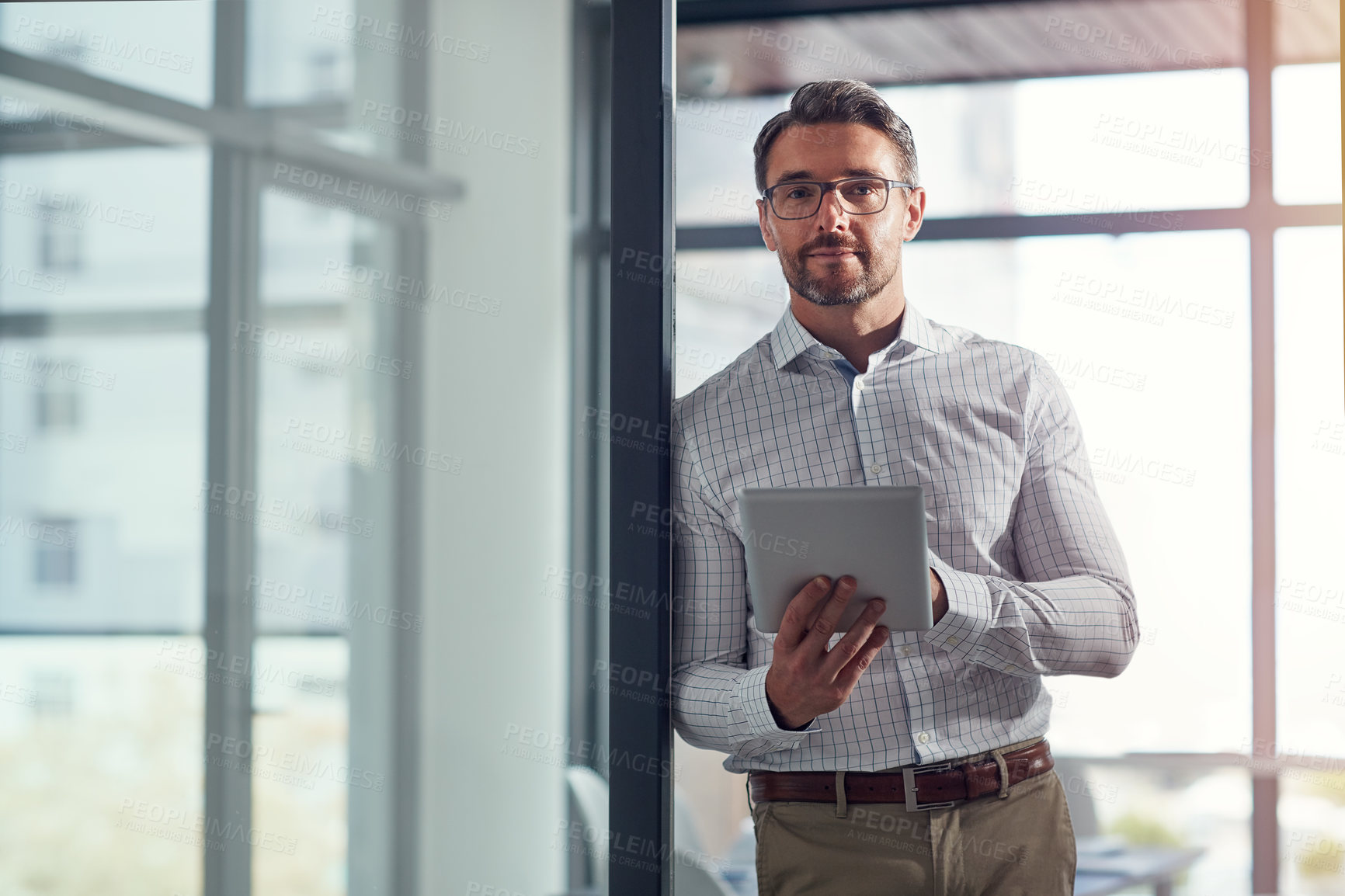 Buy stock photo Business, man and portrait with tablet in office for real estate, property research and listing. Mature realtor, digital and feedback for building expansion, resale opportunity and viewing schedule