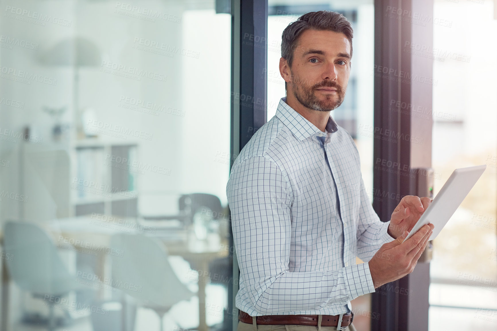 Buy stock photo Business, portrait and man with tablet, confident and planning for investment proposal and corporate. Browsing, online and person with tech for wealth management, employee and info on website or app