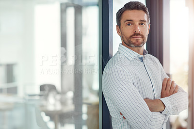 Buy stock photo Portrait, man and lawyer with confidence in office for about us, corporate career and legal consultant. Male person, arms crossed and company advice, experience and ambition with justice opportunity