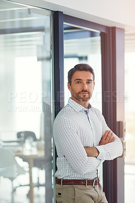 Buy stock photo Portrait, corporate and man of confidence in office for about us, accounting career and financial consultant. Male person, arms crossed and investment growth, legal advice and ambition of opportunity