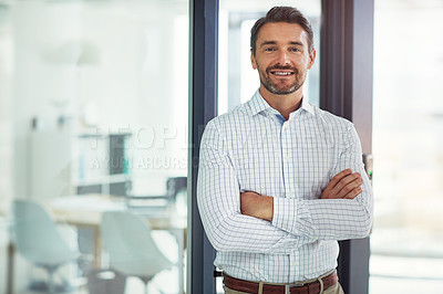 Buy stock photo Portrait, confident and man with smile in office for about us, corporate career and financial consultant. Happy, person and pride with investment growth, legal advice and mockup space of opportunity 