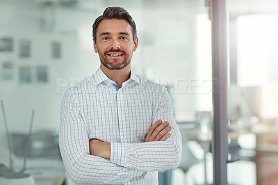 Buy stock photo Happy, business and man with portrait in office for about us, corporate career and financial consultant. Smile, person and ambition with investment growth, legal advice and experience of opportunity 