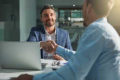 Buy stock photo Business people, handshake and interview success or recruitment, employment and hiring in office. Corporate, men and executive shaking hands with new employee or collaboration on deal or partnership