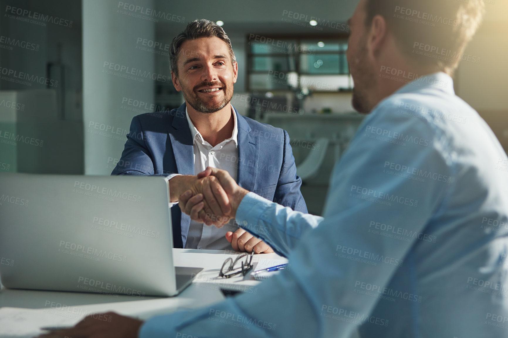 Buy stock photo Business people, handshake and interview success or recruitment, employment and hiring in office. Corporate, men and executive shaking hands with new employee or collaboration on deal or partnership