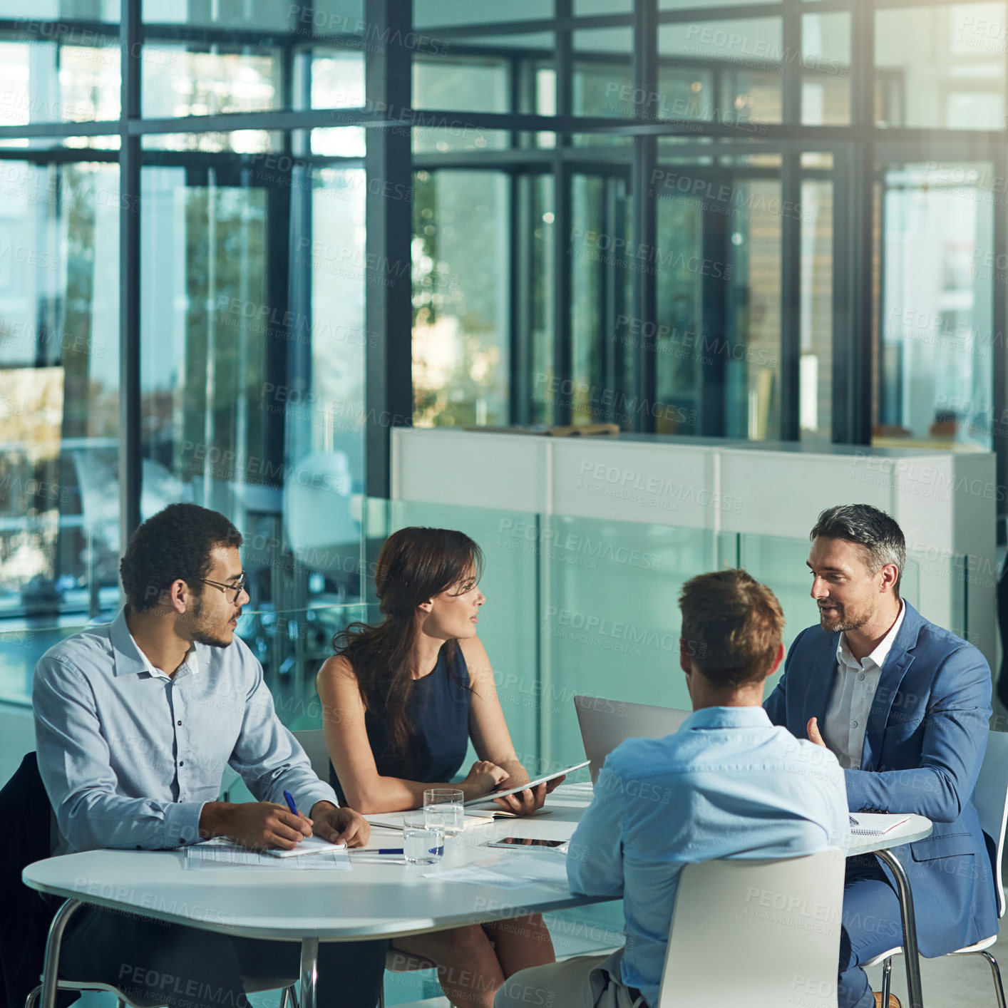 Buy stock photo Proposal, laptop and director planning project with team, collaboration and ideas. Documents, discussion and corporate business people with mentor, management and space for office strategy meeting