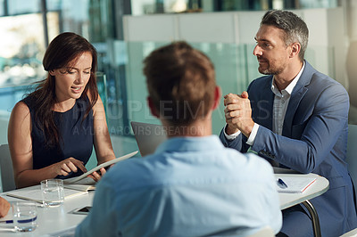 Buy stock photo Business people, meeting and discussion for corporate strategy, marketing or advertising at the office. Group of employee workers in business meeting, team planning or collaboration at the workplace