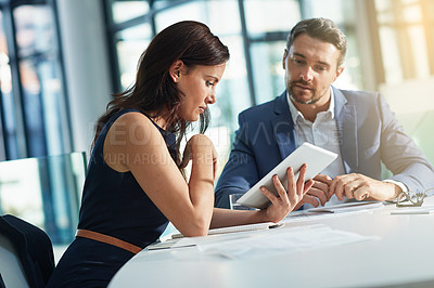 Buy stock photo Business people, tablet and conversation planning marketing strategy, digital research or web design management in office. Teamwork web discussion, tech device and ux designer ideas conversation 