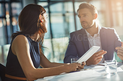 Buy stock photo Partnership meeting, tablet and conversation planning stratergy, digital marketing research or web design management in office. Teamwork discussion, tech device and ux designer support conversation 