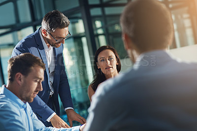 Buy stock photo Business people, meeting and talk for strategy, planning and success with teamwork, vision and leader. Businessman, leadership and group at desk with woman, man and discussion while sitting in office
