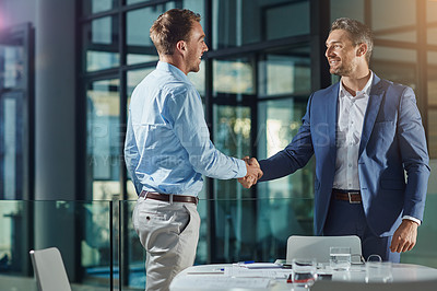 Buy stock photo Handshake, business people and meeting success or recruitment, employment and hiring in office. Corporate, men and executive shaking hands with new employee or collaboration on deal or partnership