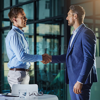 Buy stock photo Business people, handshake and partnership or collaboration, onboarding or employment and hiring in office. Corporate, men and executive shaking hands for agreement or b2b, crm and recruitment