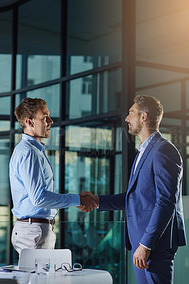 Buy stock photo Handshake, partnership and business man with b2b interview, welcome and ceo success or deal. Business meeting, shaking hands and corporate manager thank you, introduction and agreement in an office