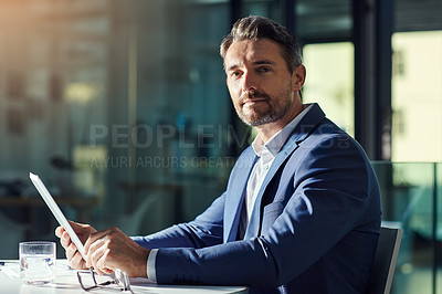 Buy stock photo Portrait, CEO or businessman with a tablet working overtime in an office at night and looking confident. Executive financial manager, entrepreneur or digital marketing professional with a vision