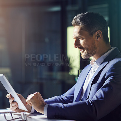 Buy stock photo Serious, search and tablet with businessman in office for planning, analytics and digital marketing. Creative, strategy and technology with employee reading online news for idea, report or data