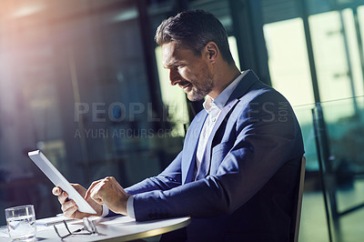 Buy stock photo Search, communication and tablet with businessman in office for planning, analytics and digital marketing. Creative, strategy and technology with employee reading online news for idea, report or data